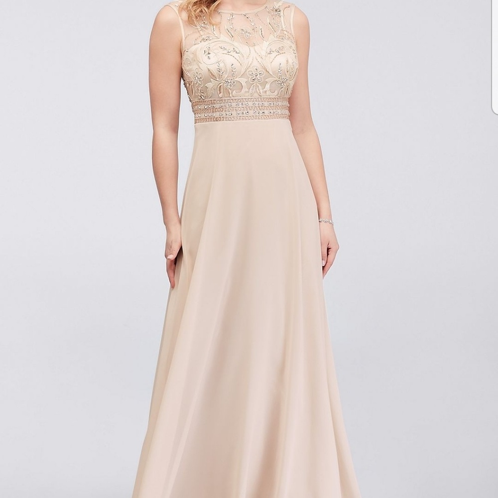 BEADED CHIFFON SHEATH DRESS WITH ILLUSION MESH FRO